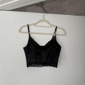 Black Lace Trim Satin Camisole Crop Top